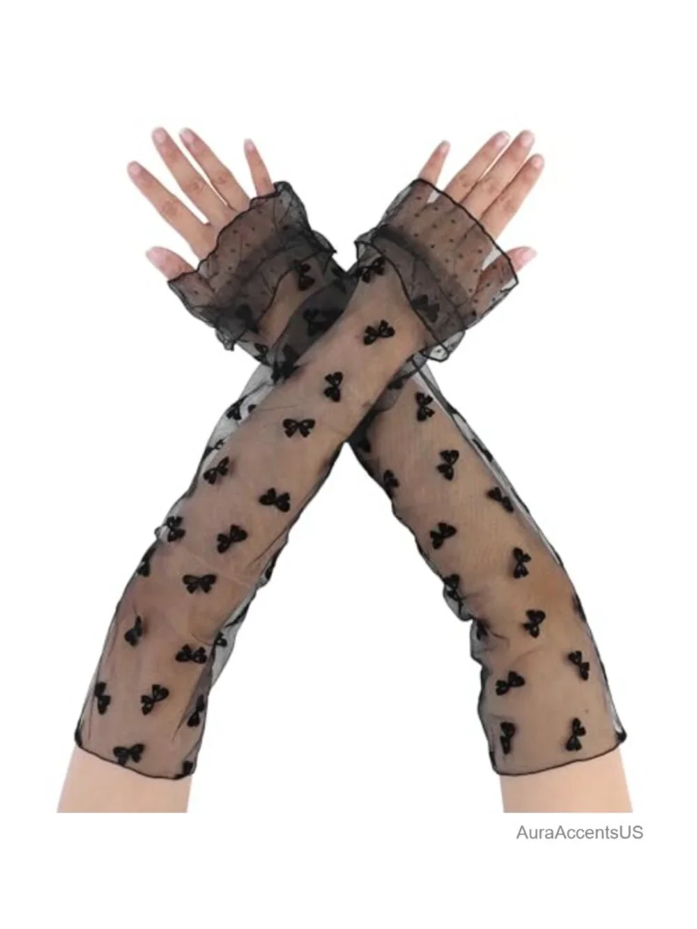 Long Polka Point Bowknot Lace Pleated Gloves Fashion Fingerness Arm Sleeves for